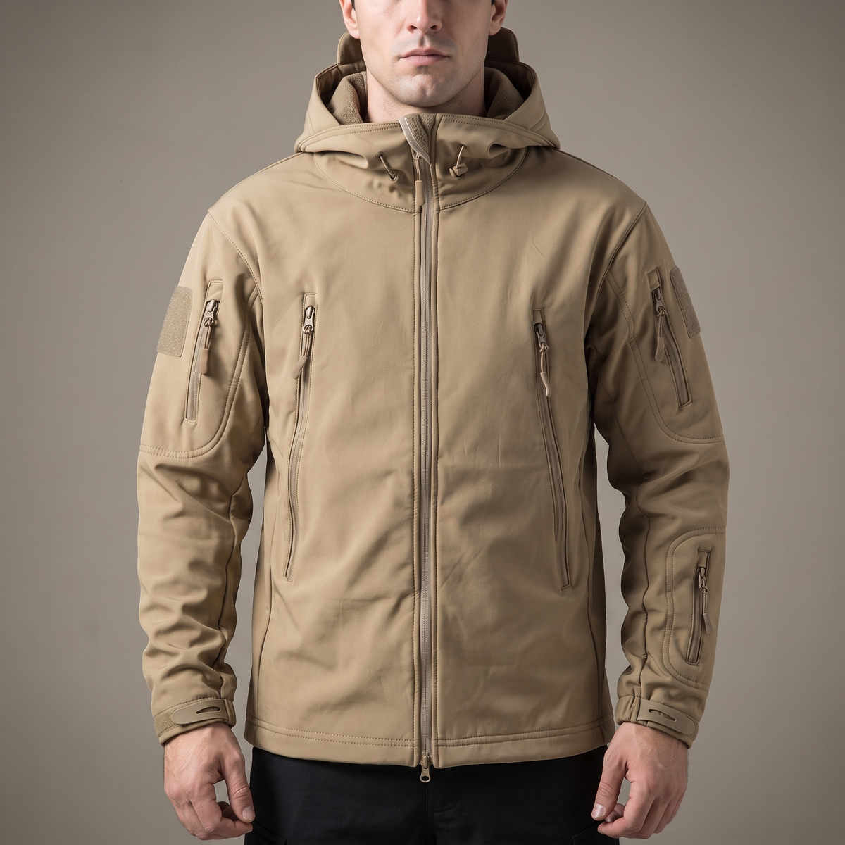 Men's softshell jacket with hood, khaki - worn by model