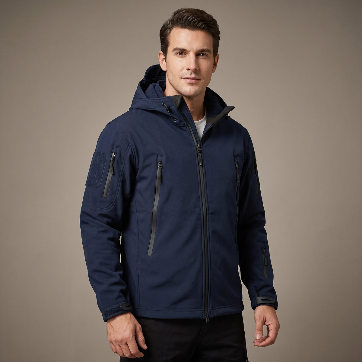 Men's softshell jacket with hood, navy - worn by model