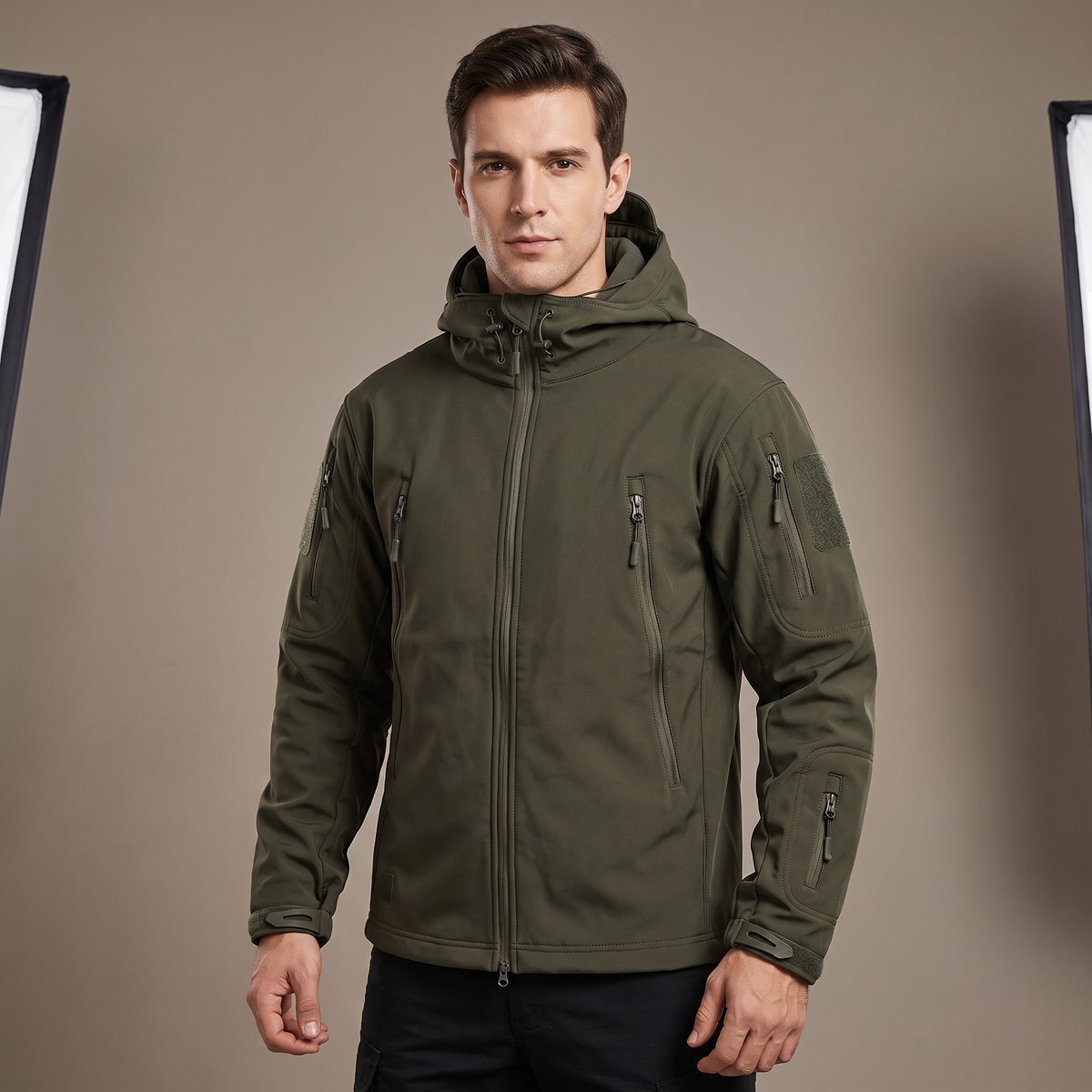 Men's softshell jacket with hood, green - worn by model