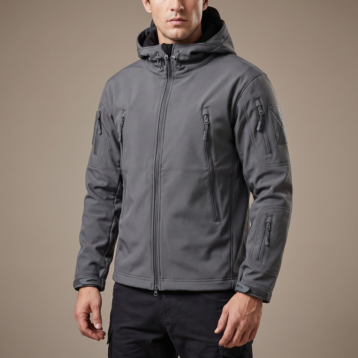 Men's softshell jacket with hood, grey - worn by model