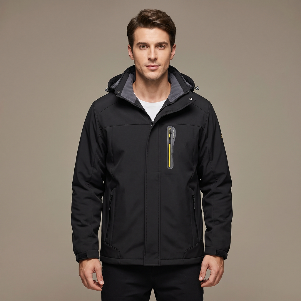 Male model wearing a black men's water-repellent winter jacket with fleece lining, studio shot