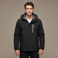 Male model wearing a black men's water-repellent winter jacket with fleece lining, studio shot