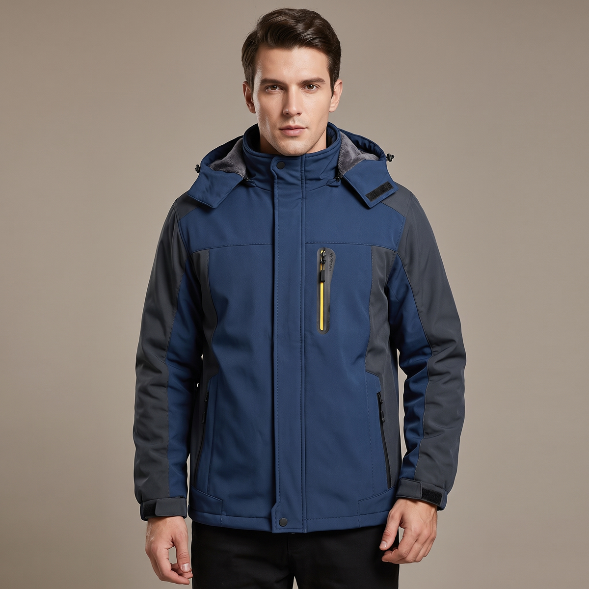 Male model wearing a navy men's water-repellent winter jacket with fleece lining, studio shot