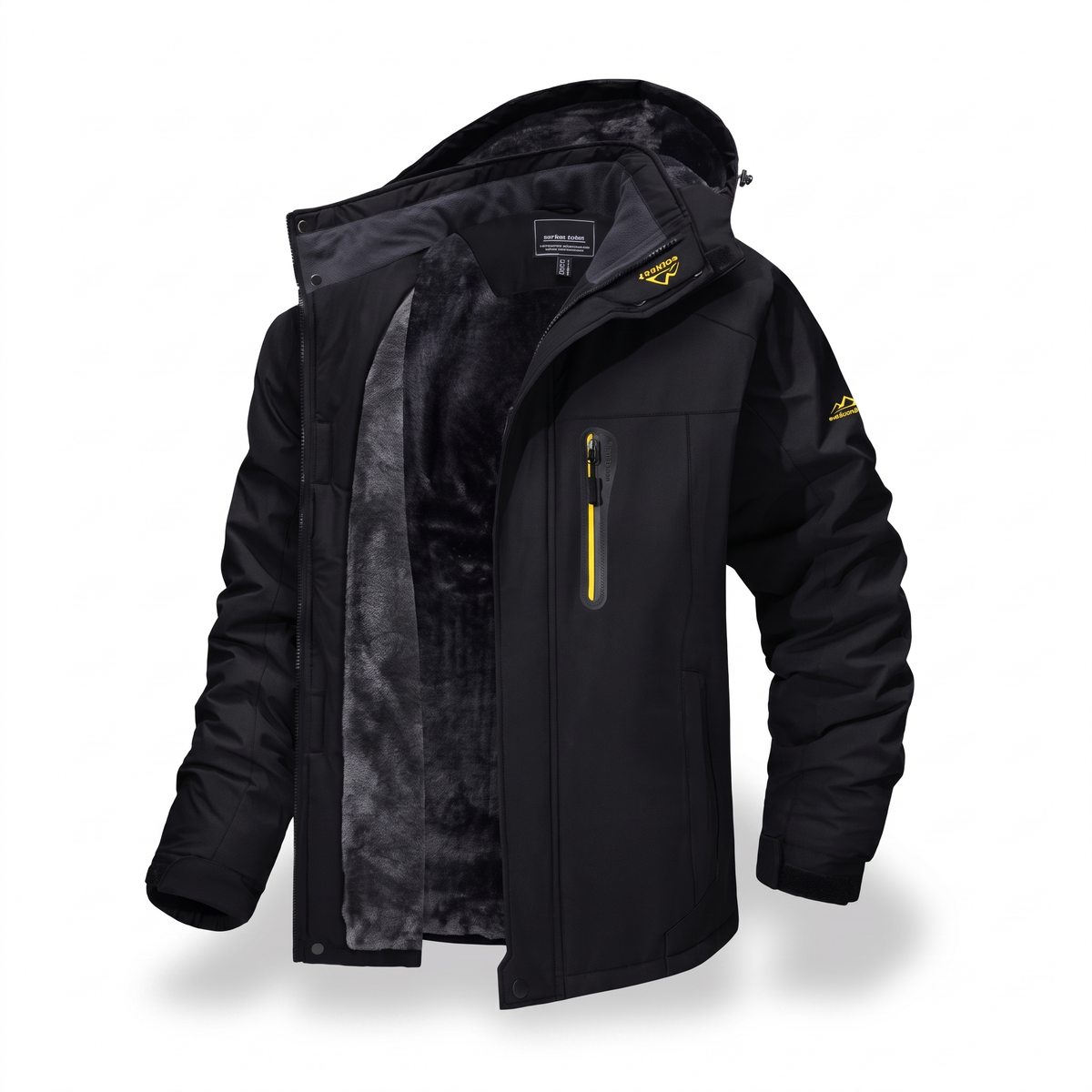 Black men's water-repellent winter jacket with fleece lining, product photo on white background