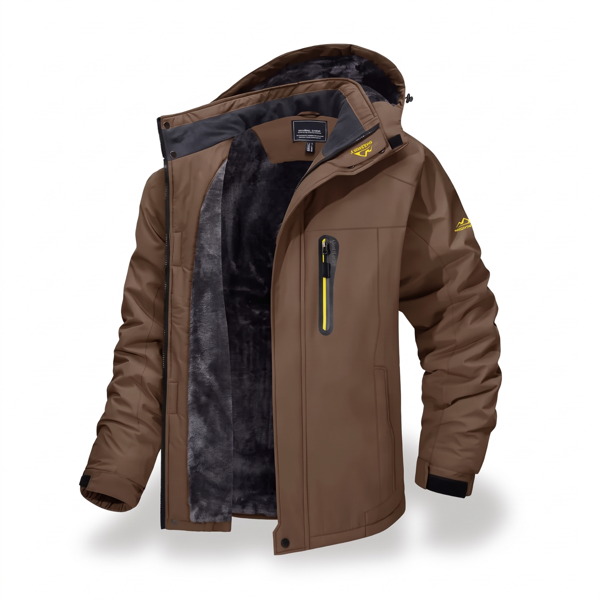 Coffee brown men's water-repellent winter jacket with fleece lining, product photo on white background