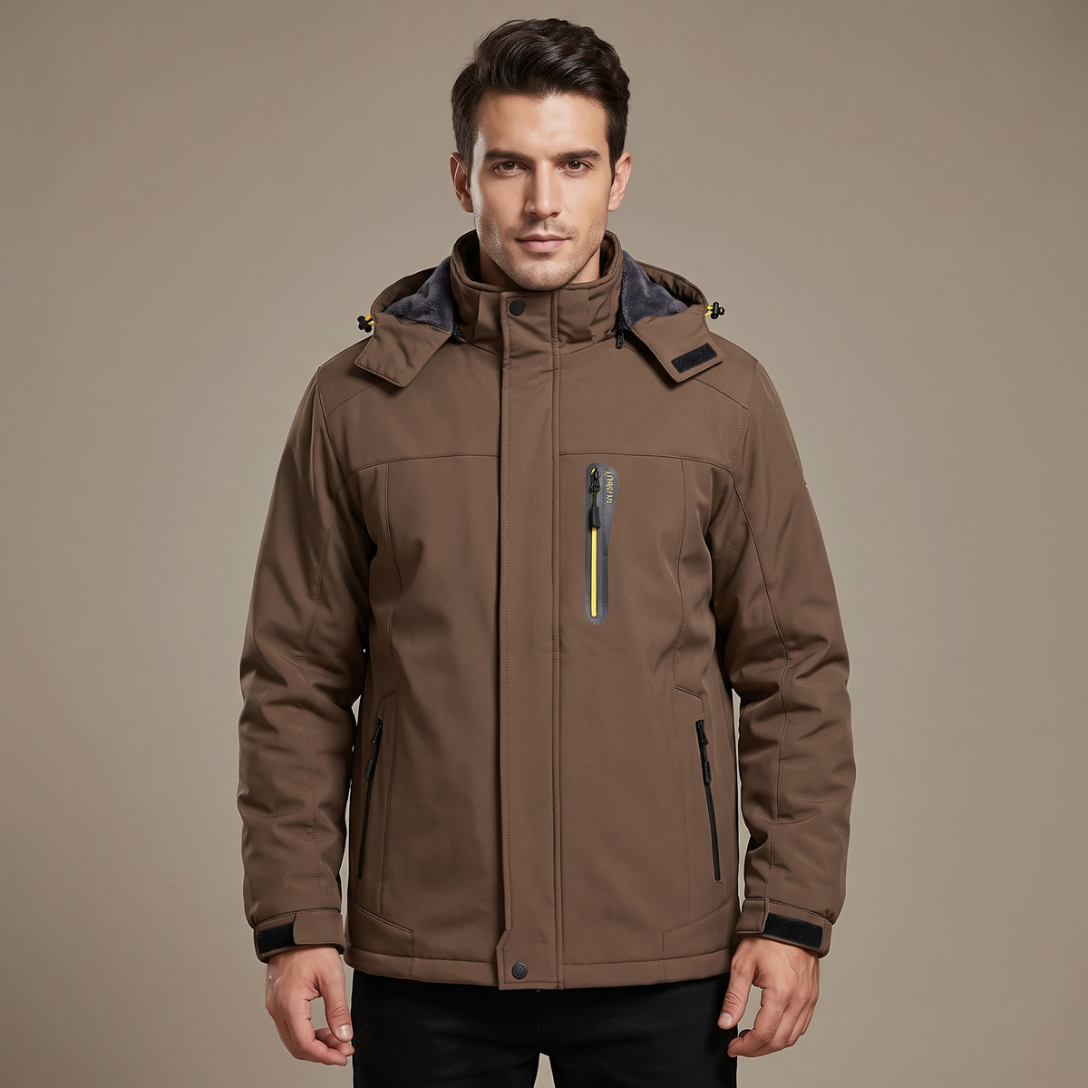 Male model wearing a coffee brown men's water-repellent winter jacket with fleece lining, studio shot