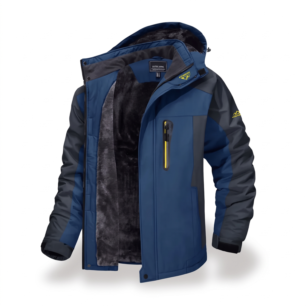 Navy men's water-repellent winter jacket with fleece lining, product photo on white background