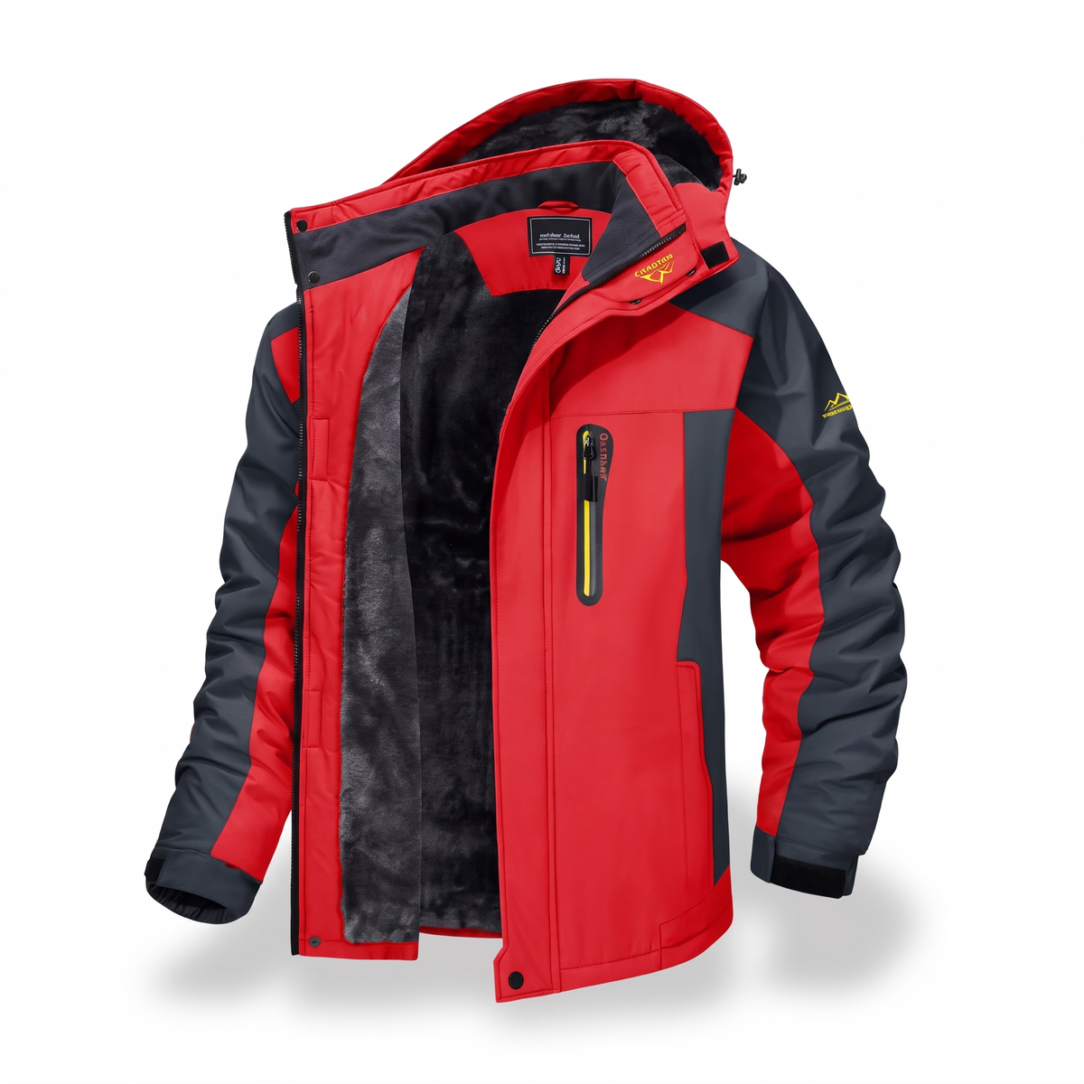 Red men's water-repellent winter jacket with fleece lining, product photo on white background