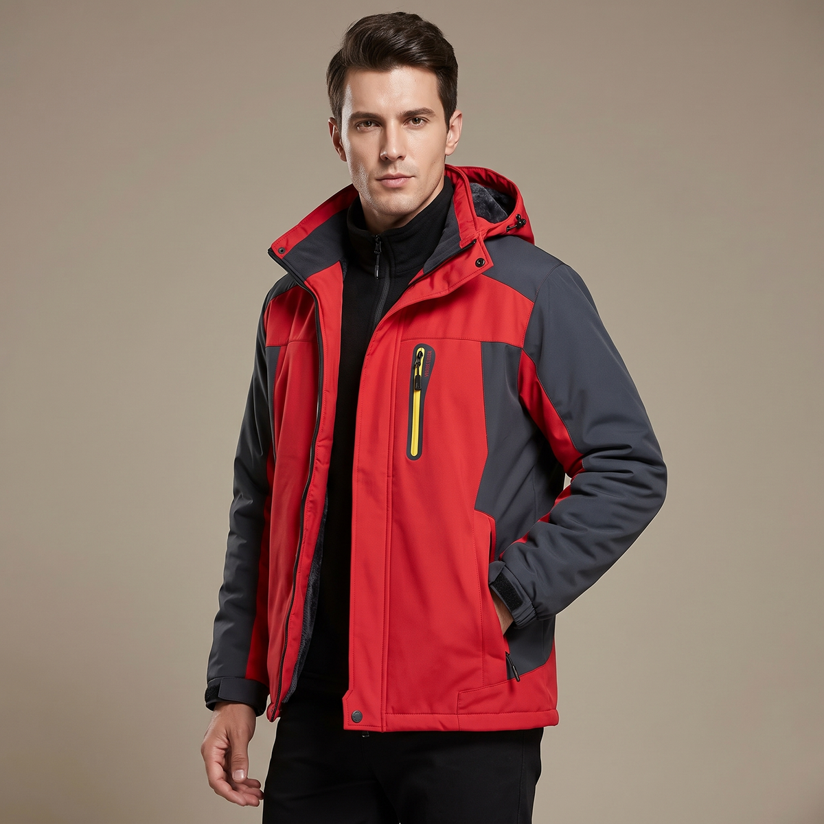 Male model wearing a red men's water-repellent winter jacket with fleece lining, studio shot