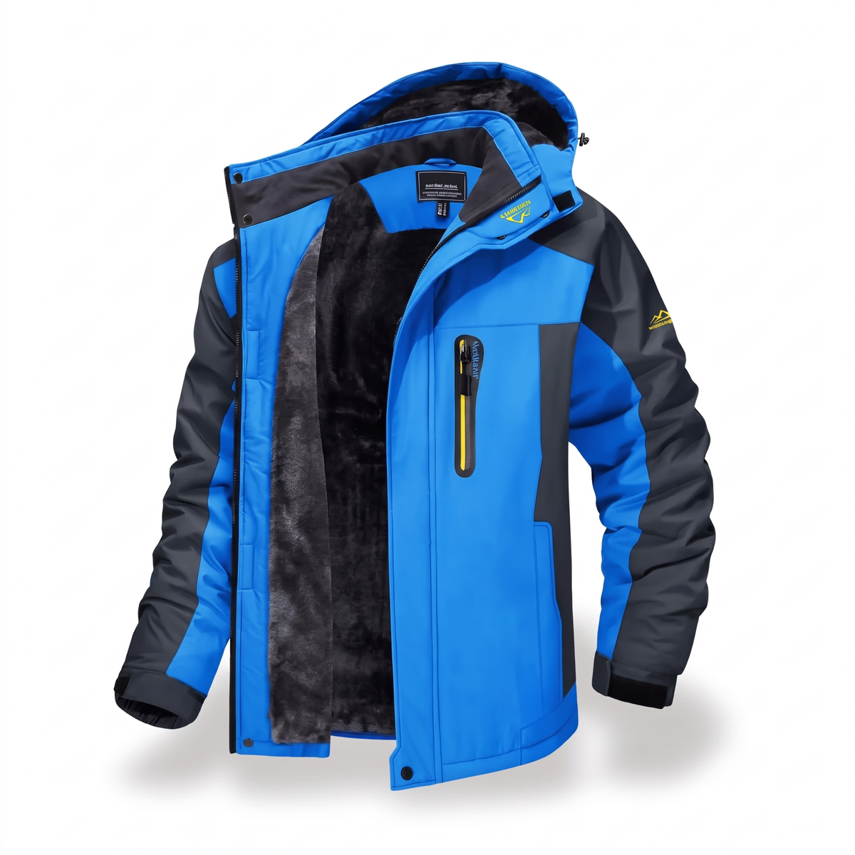 Blue men's water-repellent winter jacket with fleece lining, product photo on white background