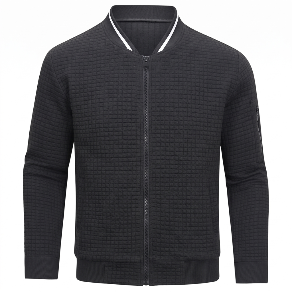 Black textured knit cardigan with ribbed trim on white background