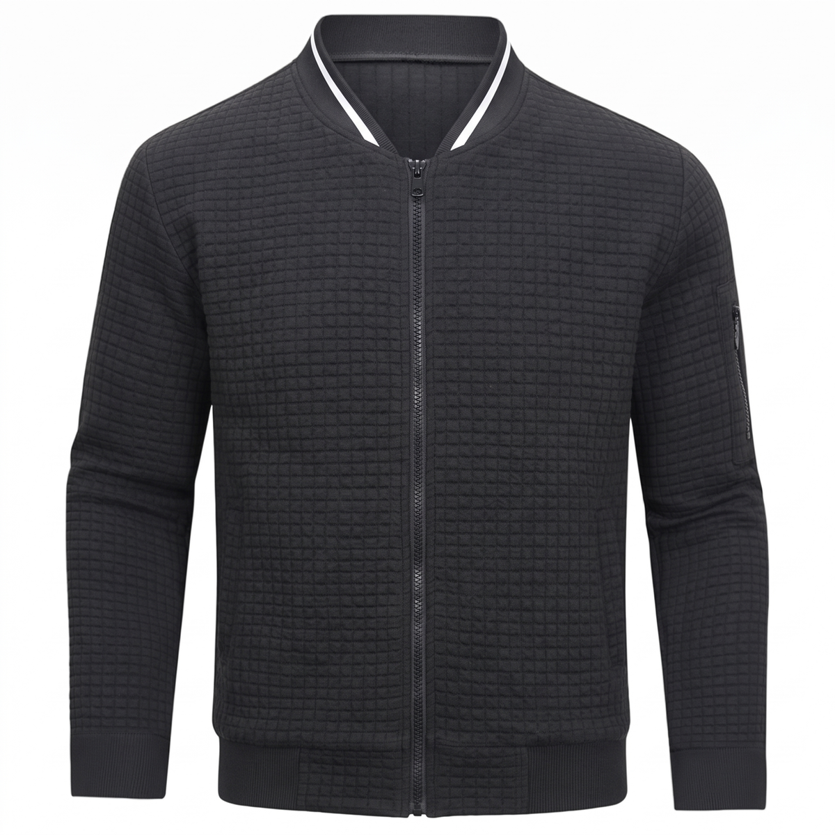 Black textured knit cardigan with ribbed trim on white background