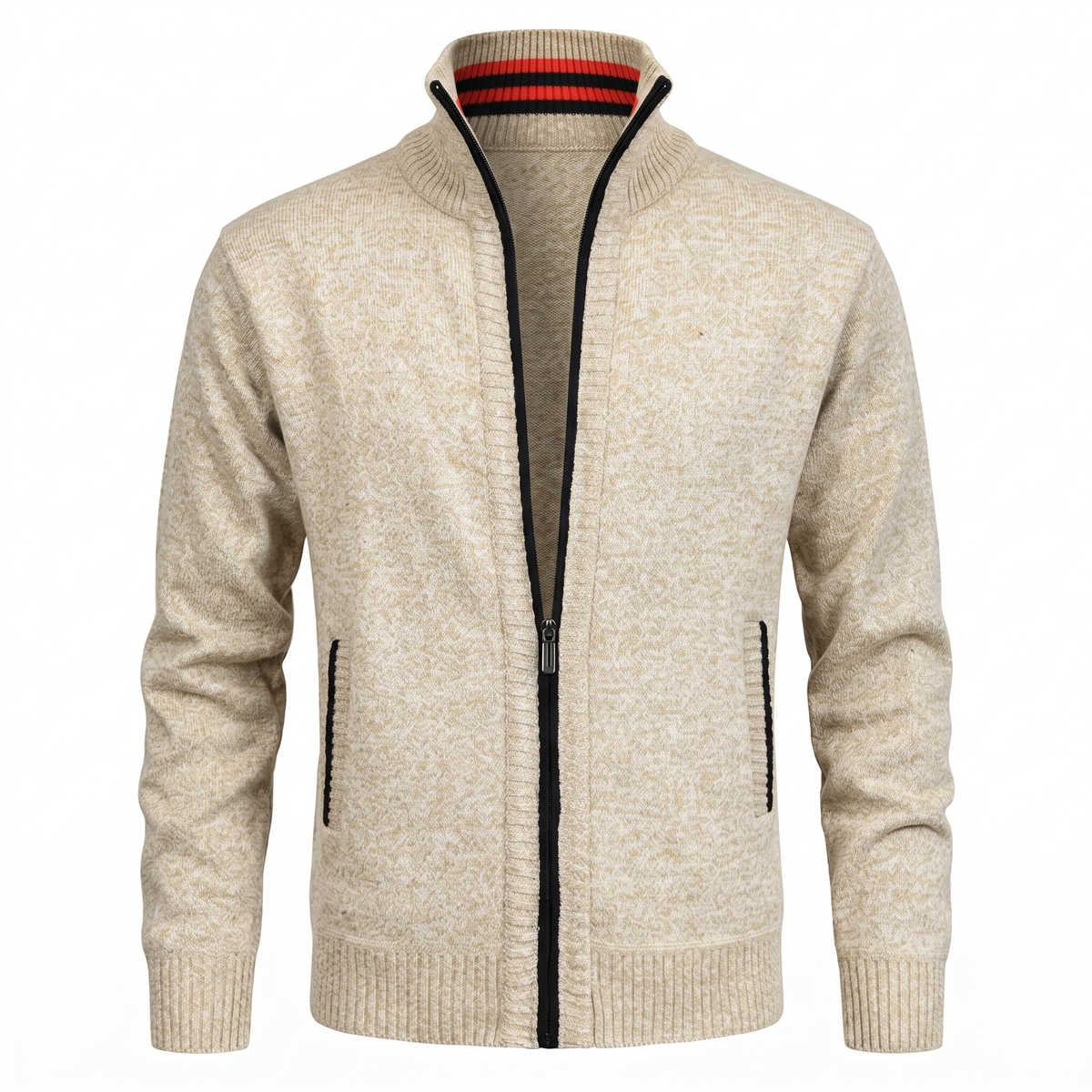 Beige zip-up sweat cardigan on white background