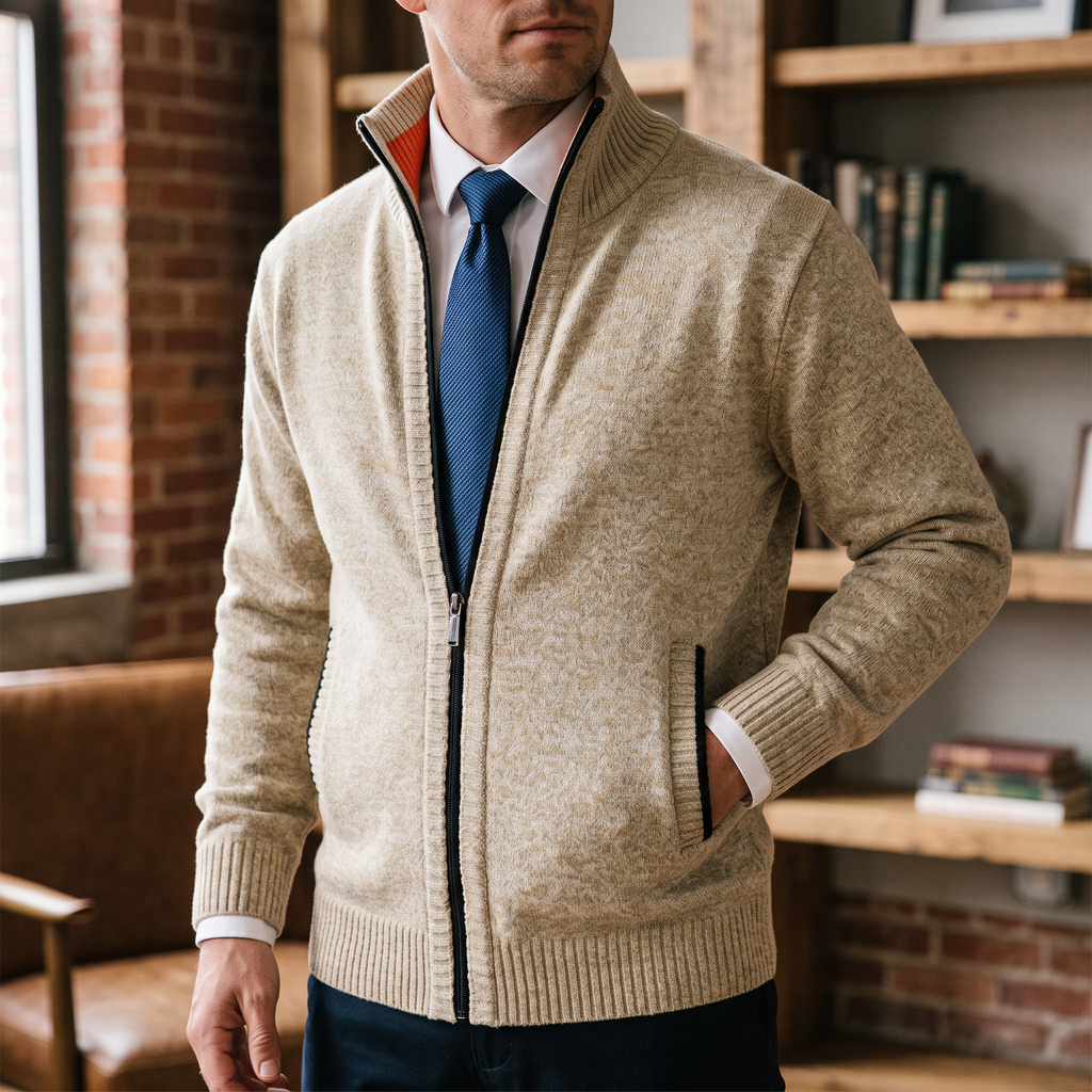 Man wearing a beige zip-up sweat cardigan with ribbed cuffs and hem