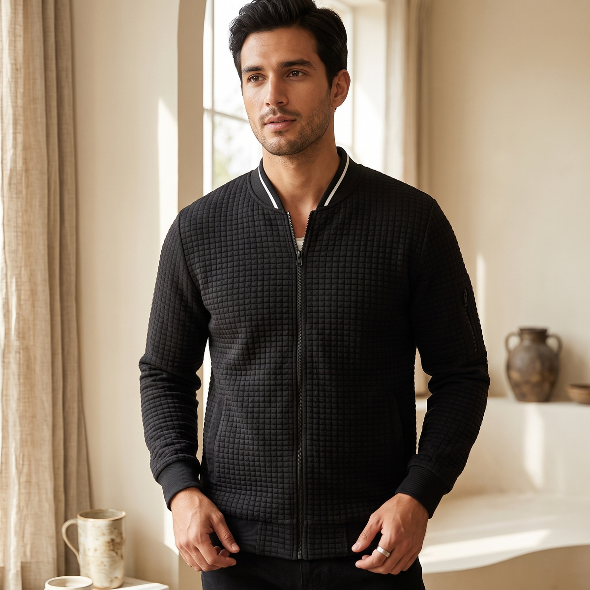 Man wearing a black textured knit cardigan with ribbed trim and zip