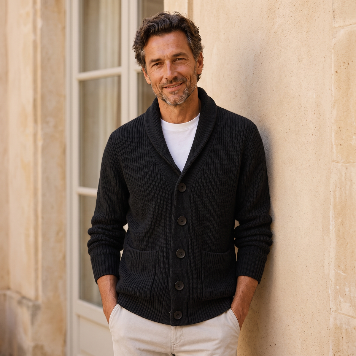 Men's Knitted Shawl Collar Cardigan in Black, worn