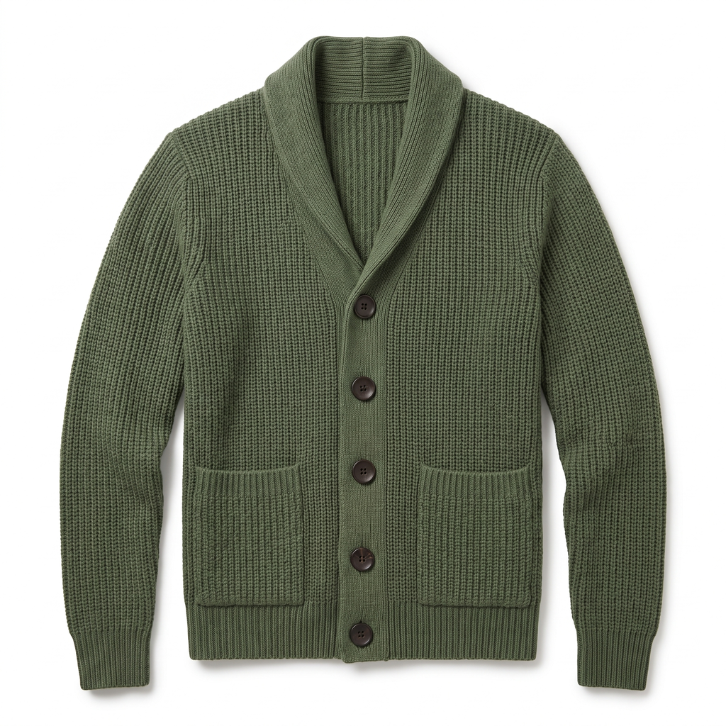 Men's Knitted Shawl Collar Cardigan in Green, product photo