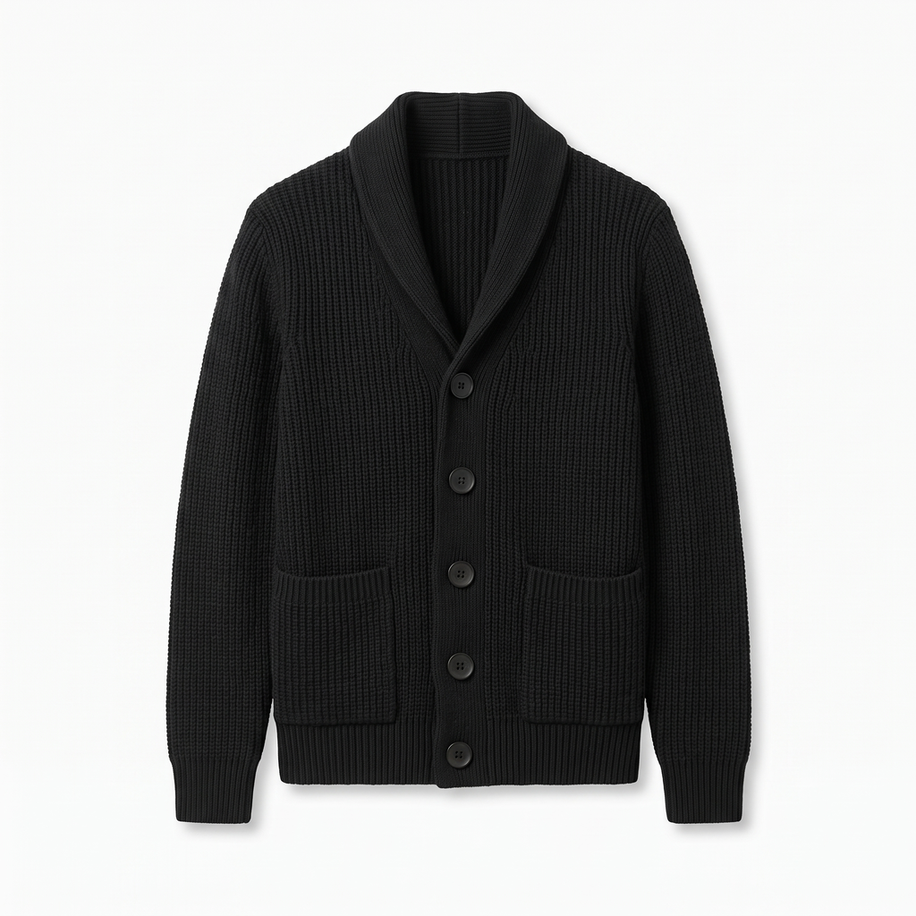 Men's Knitted Shawl Collar Cardigan in Black, product photo