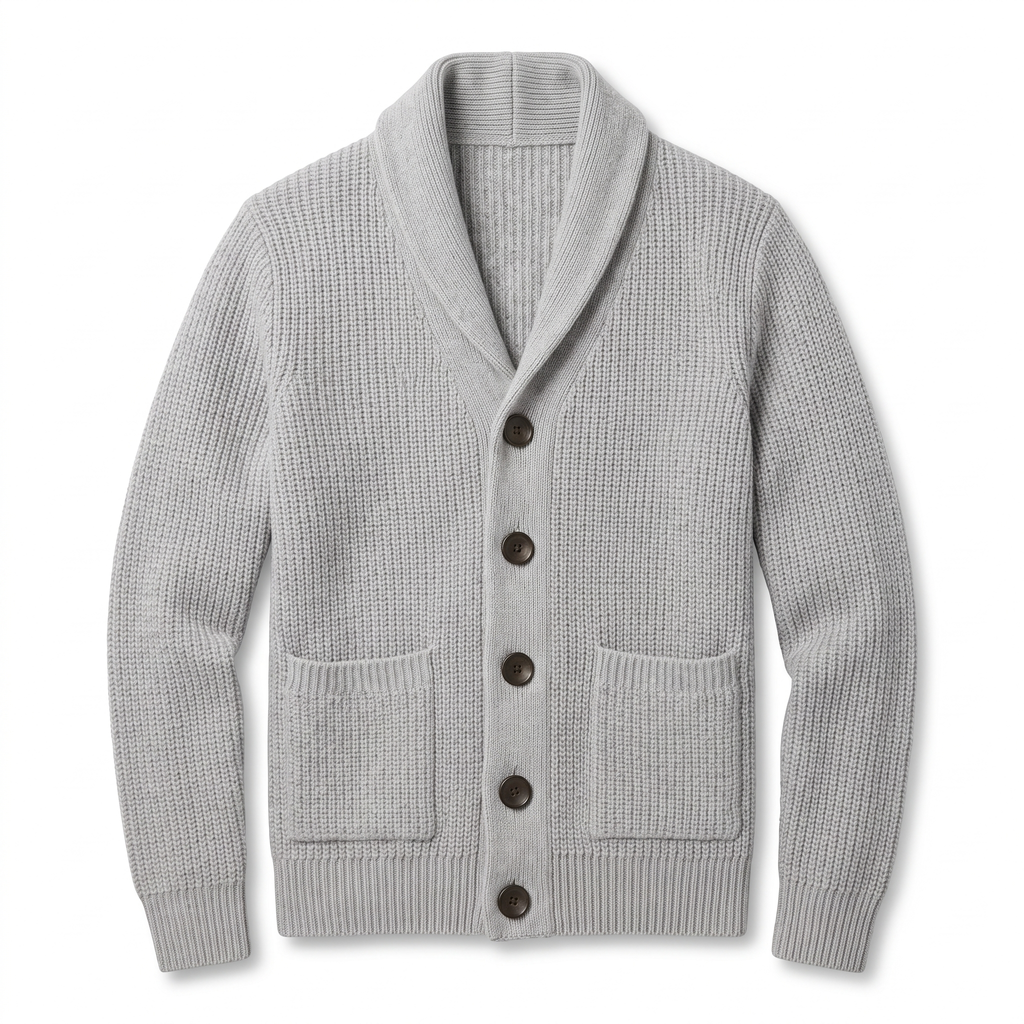 Men's Knitted Shawl Collar Cardigan in Light Grey, product photo