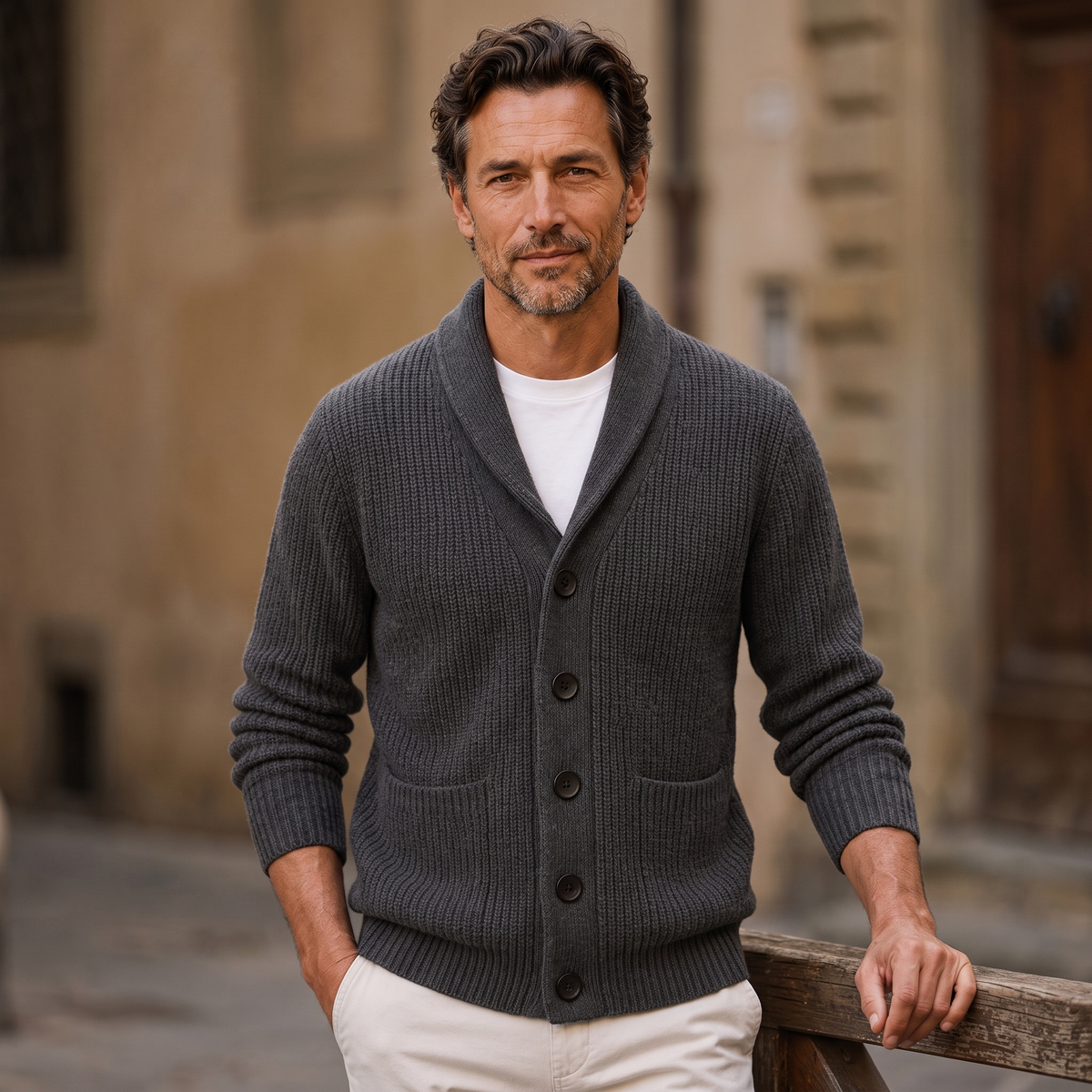 Men's Knitted Shawl Collar Cardigan in Dark Grey, worn