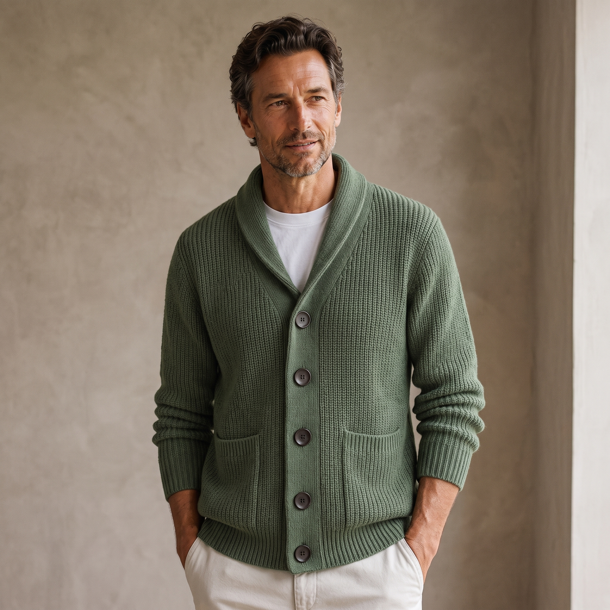 Men's Knitted Shawl Collar Cardigan in Green, worn