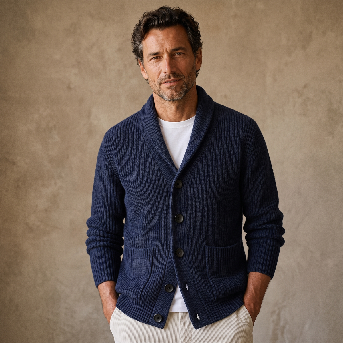 Men's Knitted Shawl Collar Cardigan in Navy, worn