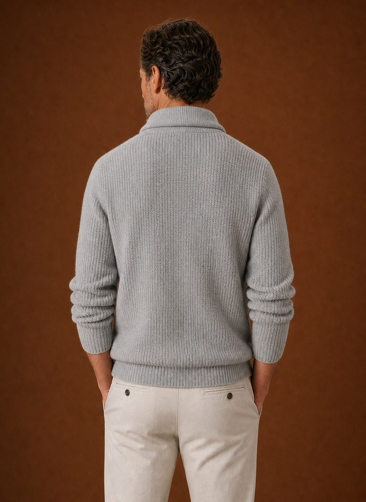 Men's Knitted Shawl Collar Cardigan in Light Grey, back view