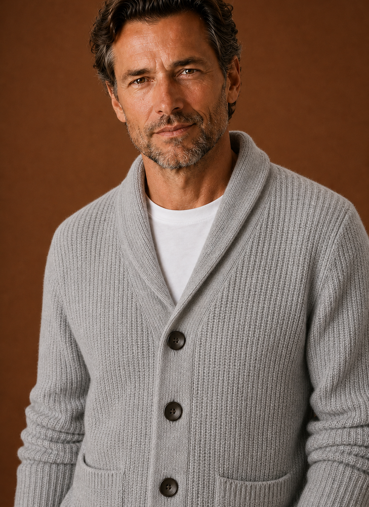Men's Knitted Shawl Collar Cardigan in Light Grey, close-up detail