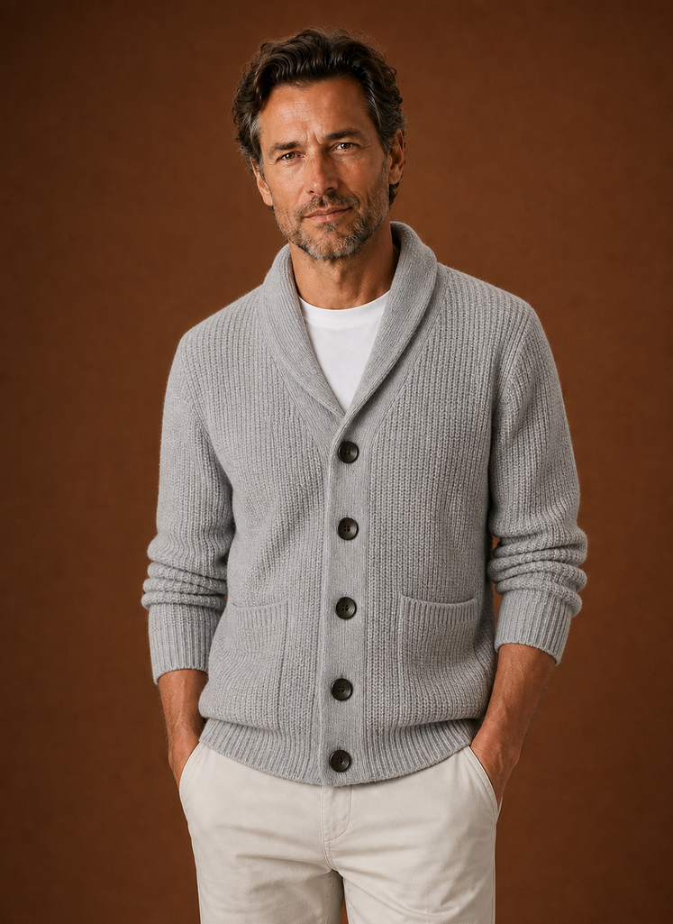 Men's Knitted Shawl Collar Cardigan in Light Grey, front view