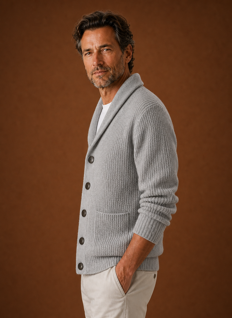 Men's Knitted Shawl Collar Cardigan in Light Grey, side view