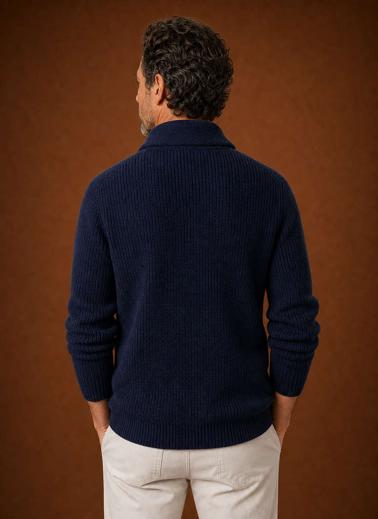 Men's Knitted Shawl Collar Cardigan in Navy, back view