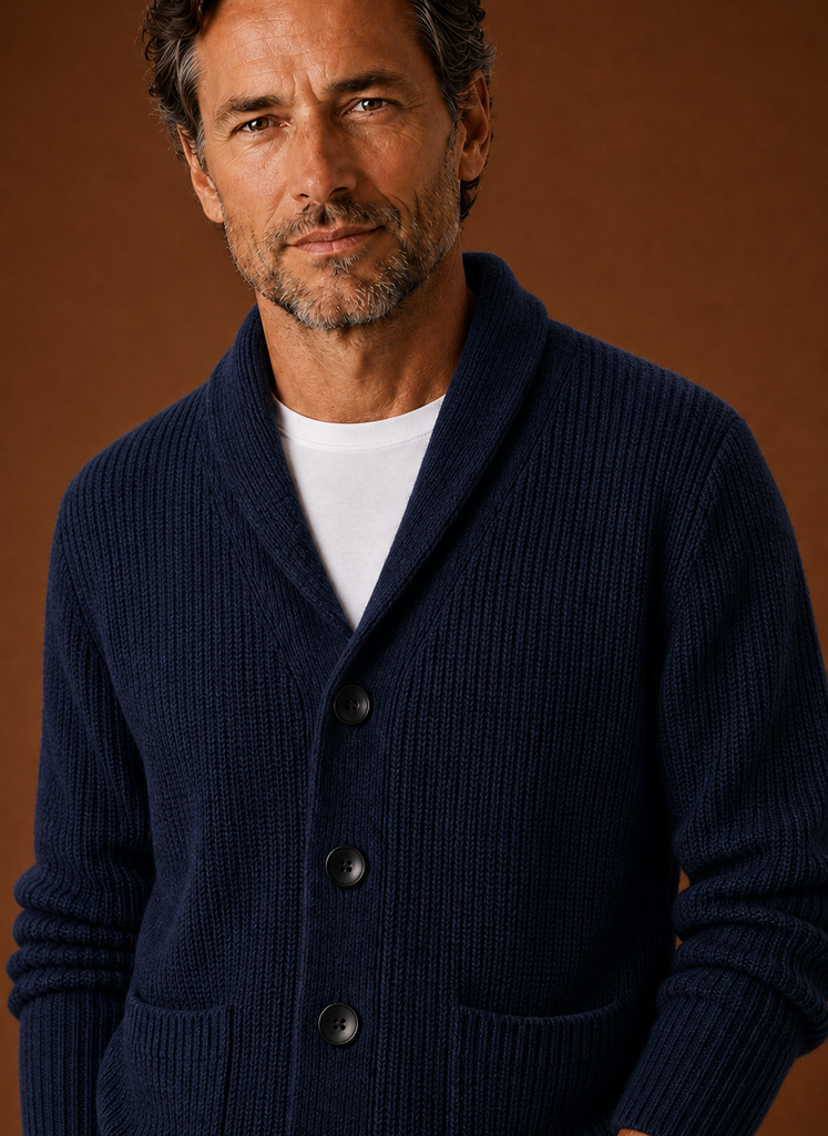 Men's Knitted Shawl Collar Cardigan in Navy, close-up detail