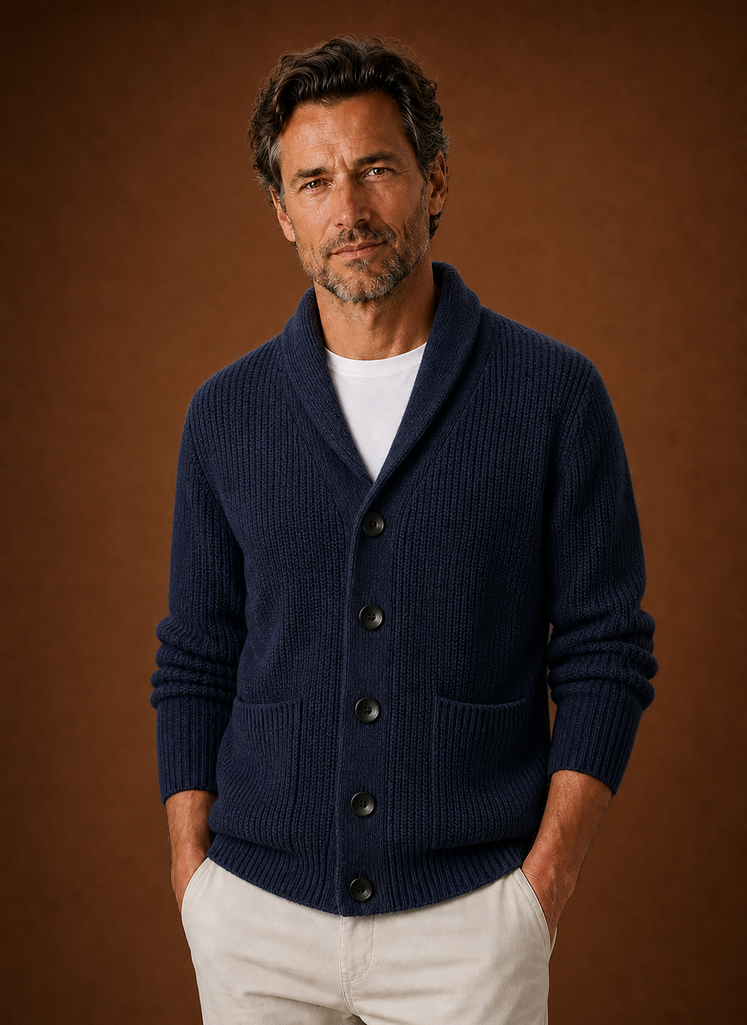 Men's Knitted Shawl Collar Cardigan in Navy, front view